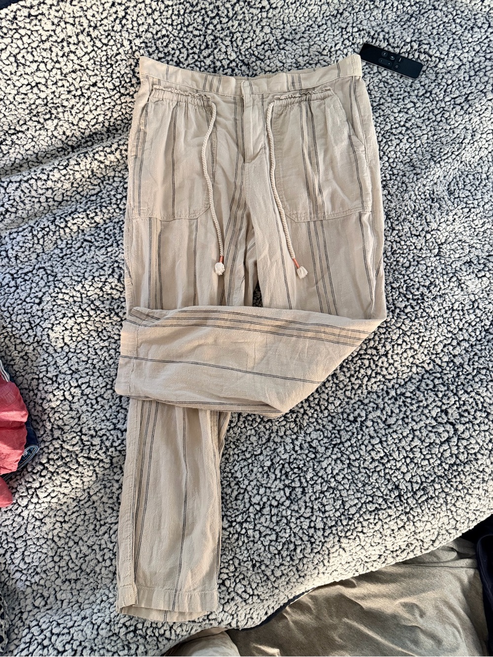 Anthropologie Women’s M Linen Blend Cream&Black Striped Drawstring Waist